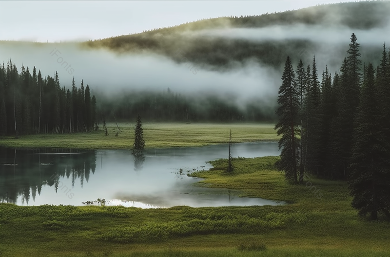 绿色草原湖泊烟雾缭绕森林自然风景背景,高清,摄影图,摄影图片,图片大全,摄影图免费下载